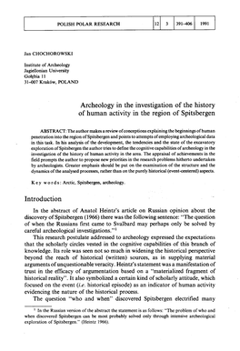 Archeology in the Investigation of the History of Human Activity in the Region of Spitsbergen Introduction
