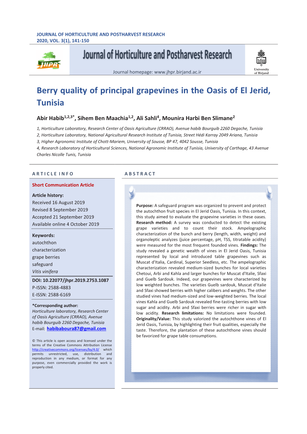 Berry Quality of Principal Grapevines in the Oasis of El Jerid, Tunisia