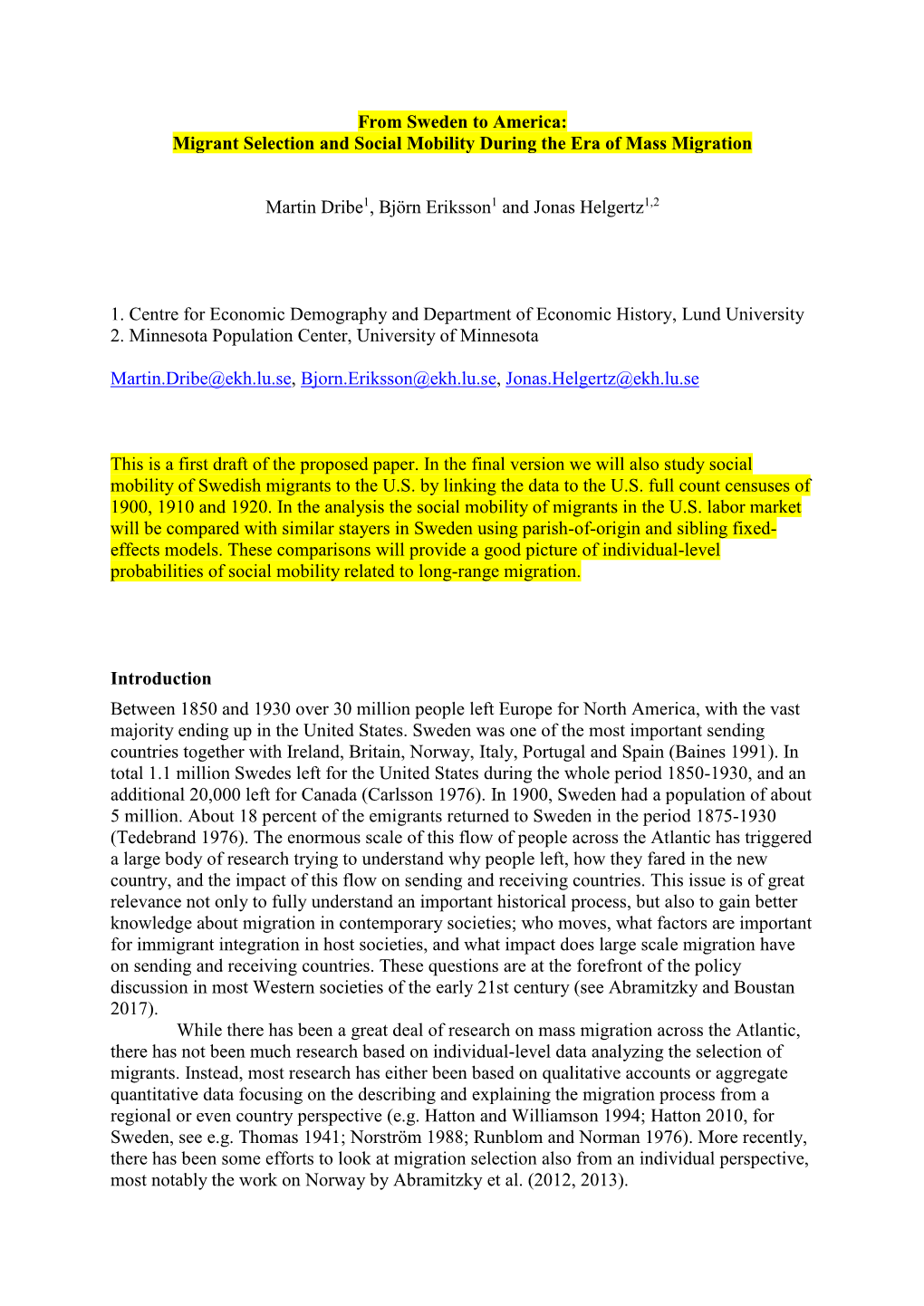 From Sweden to America: Migrant Selection and Social Mobility During the Era of Mass Migration