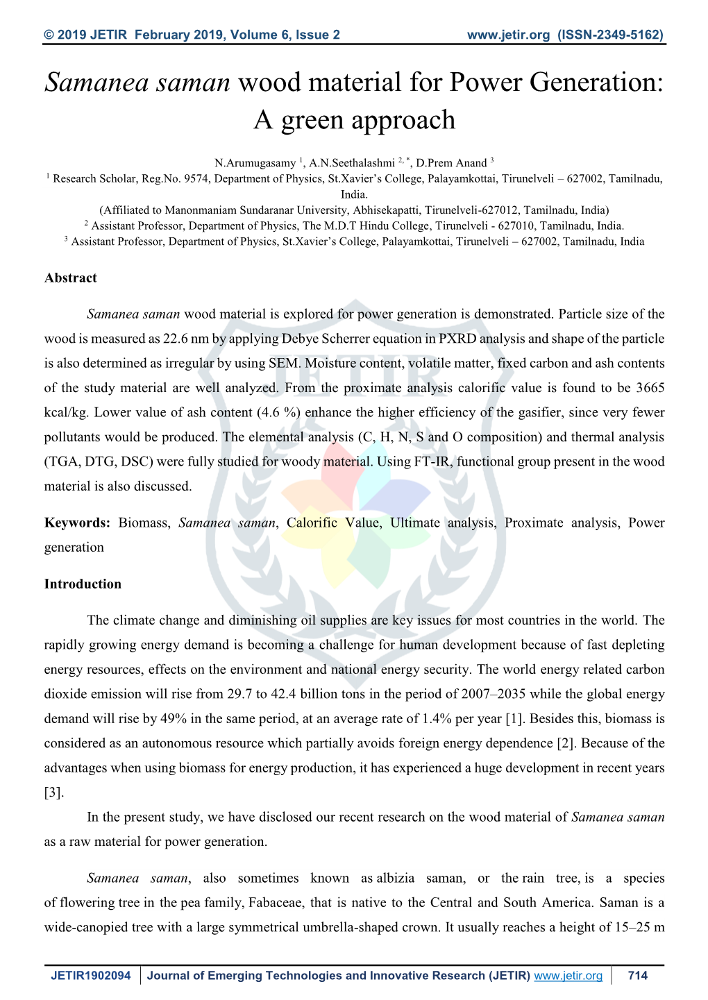 Samanea Saman Wood Material for Power Generation: a Green Approach