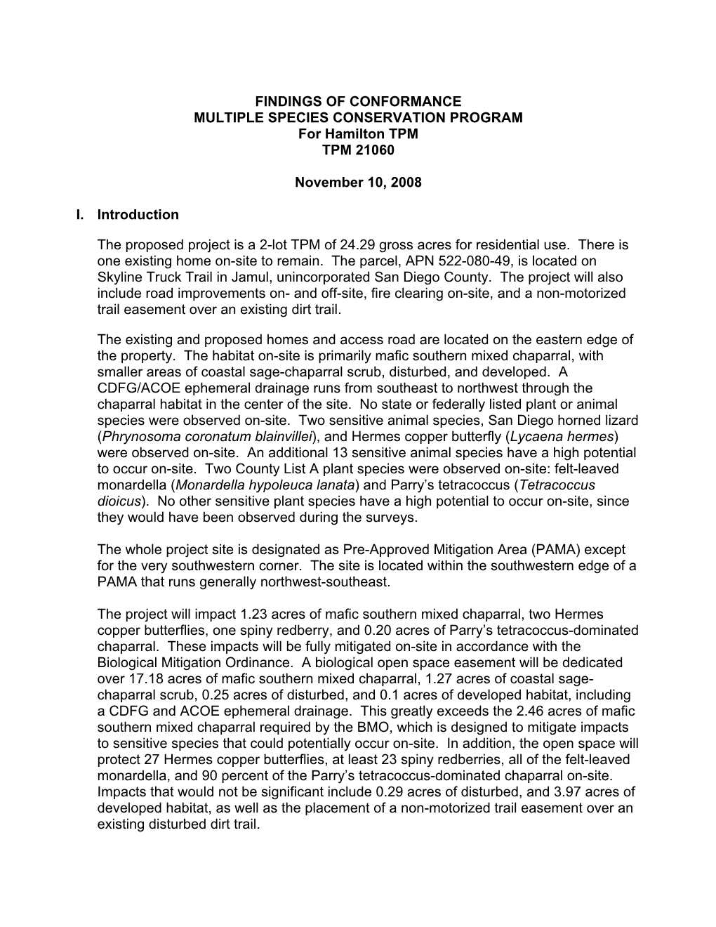 FINDINGS of CONFORMANCE MULTIPLE SPECIES CONSERVATION PROGRAM for Hamilton TPM TPM 21060