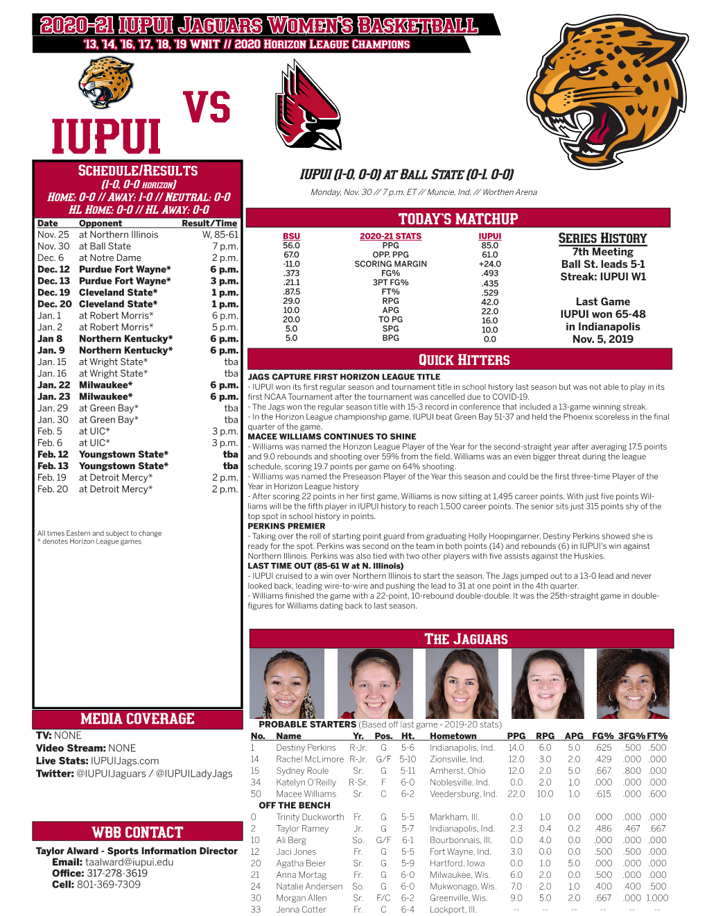 2020-21 IUPUI Jaguars Women's Basketball ‘13, '14, '16, '17, '18, '19 WNIT // 2020 Horizon League Champions VS