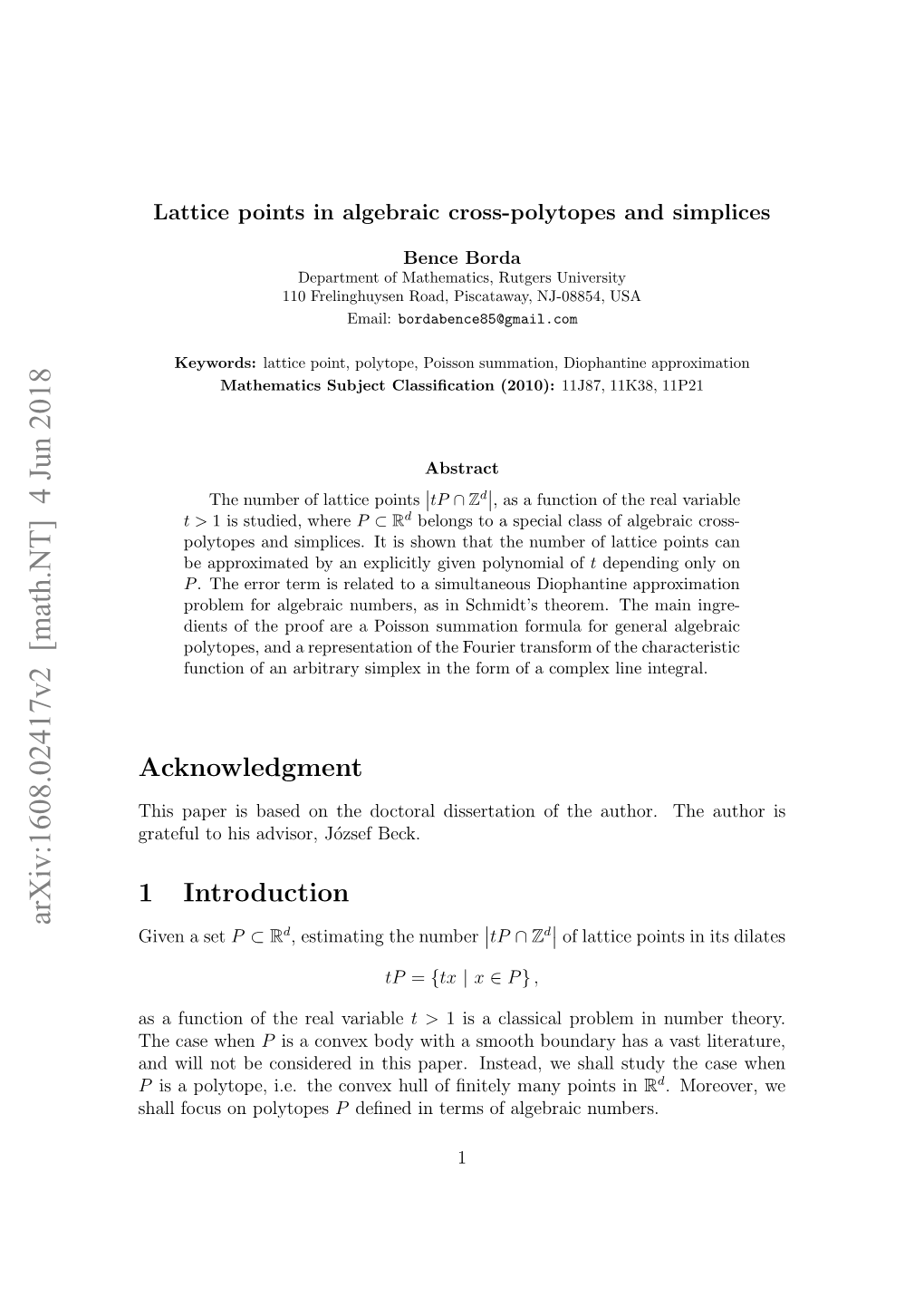 Math.NT] 4 Jun 2018 Hl Ou Npolytopes on Focus Shall Ie Set a Given Introduction Th Author