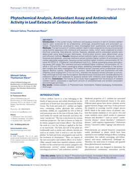 Phytochemical Analysis, Antioxidant Assay and Antimicrobial Activity in Leaf Extracts of Cerbera Odollam Gaertn