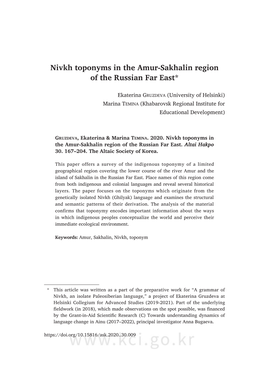 Nivkh Toponyms in the Amur-Sakhalin Region of the Russian Far East*