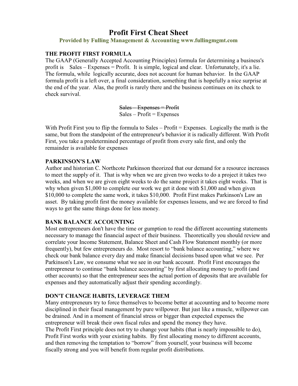 Profit First Cheat Sheet Provided by Fulling Management & Accounting