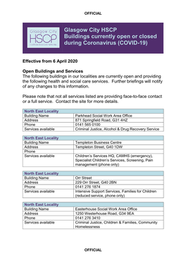 Glasgow City HSCP Buildings Currently Open Or Closed During Coronavirus (COVID-19)