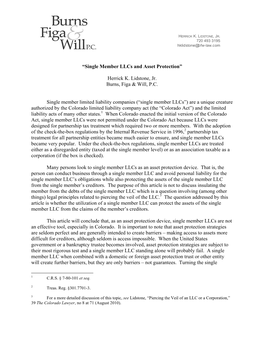 “Single Member Llcs and Asset Protection” Herrick K. Lidstone, Jr