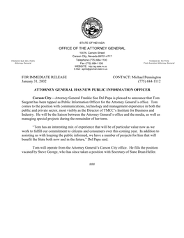 OFFICE of the ATTORNEY GENERAL for IMMEDIATE RELEASE CONTACT: Michael Pennington January 31, 2002 (775) 684-1112 ATTORNEY GENERA