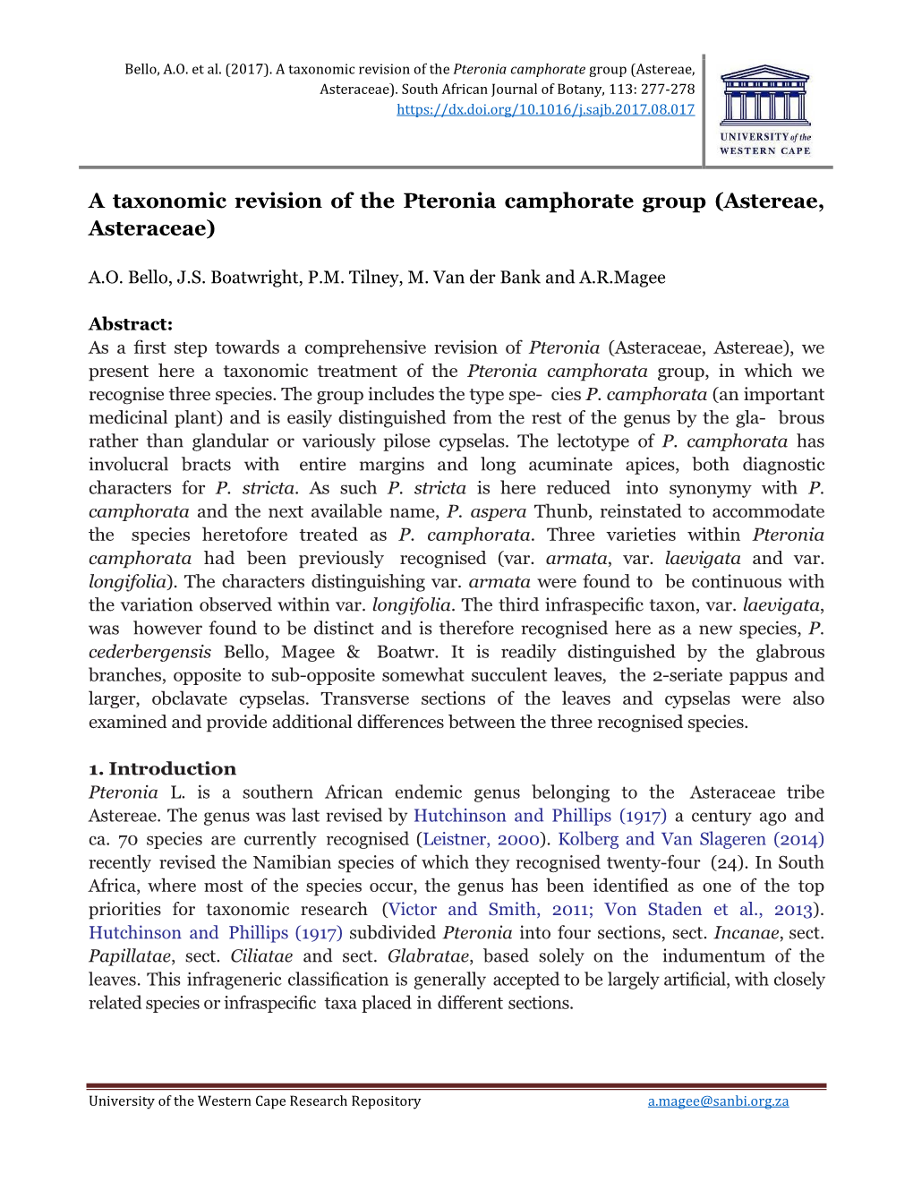 A Taxonomic Revision of the Pteronia Camphorate Group (Astereae, Asteraceae)