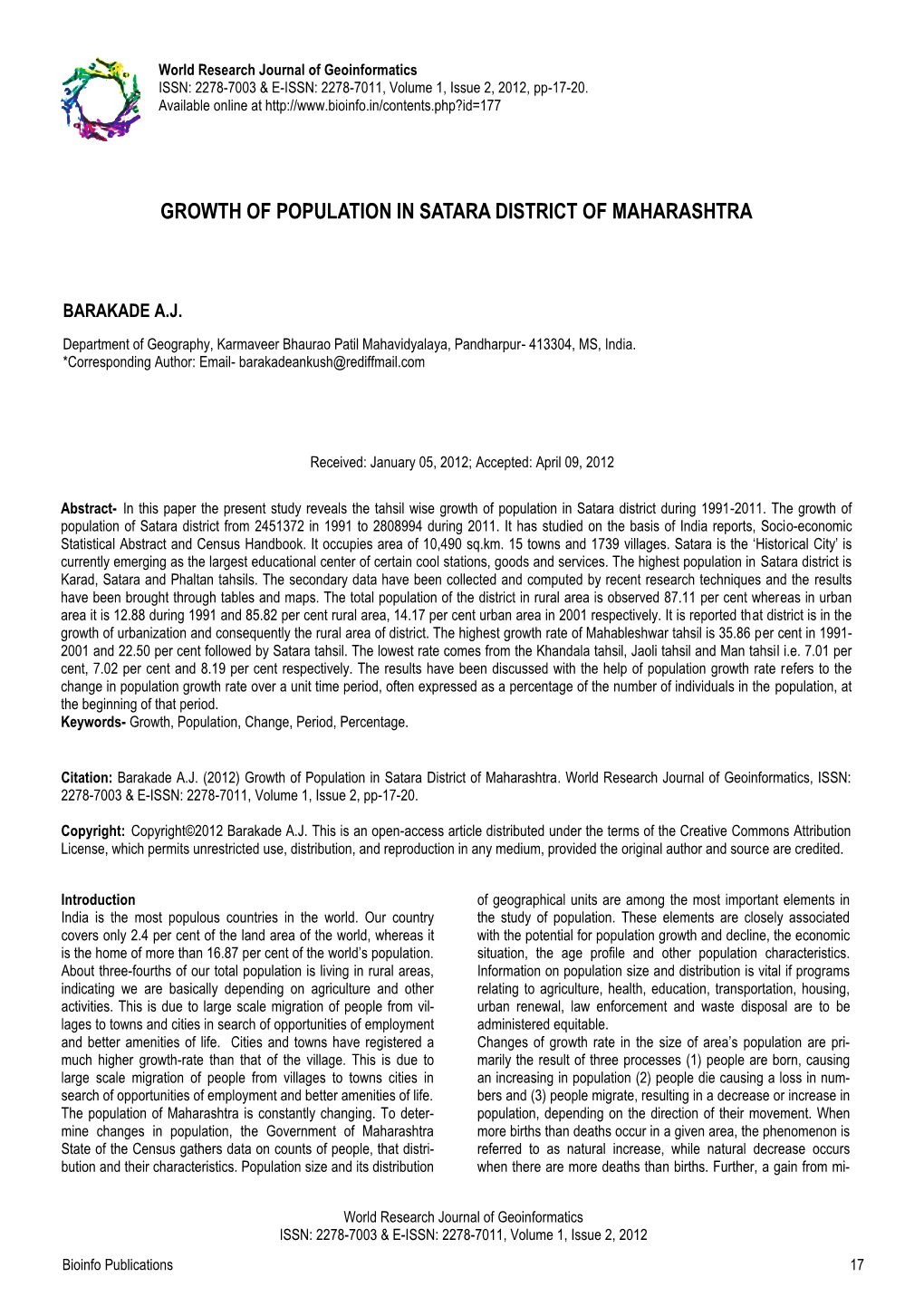 Growth of Population in Satara District of Maharashtra