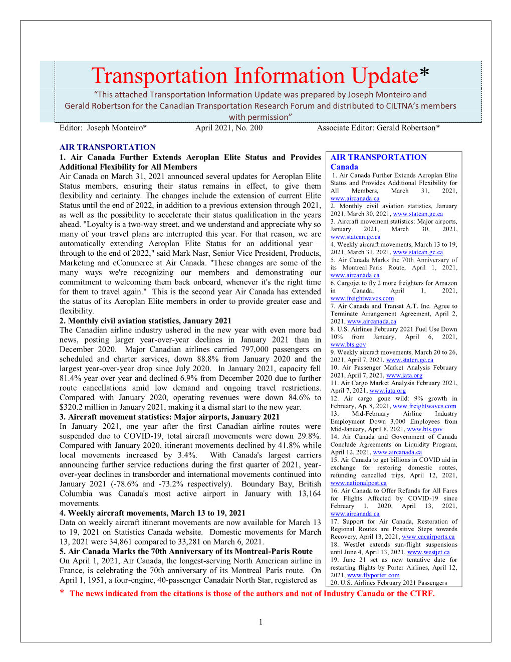 Transportation Information Update, April 2021