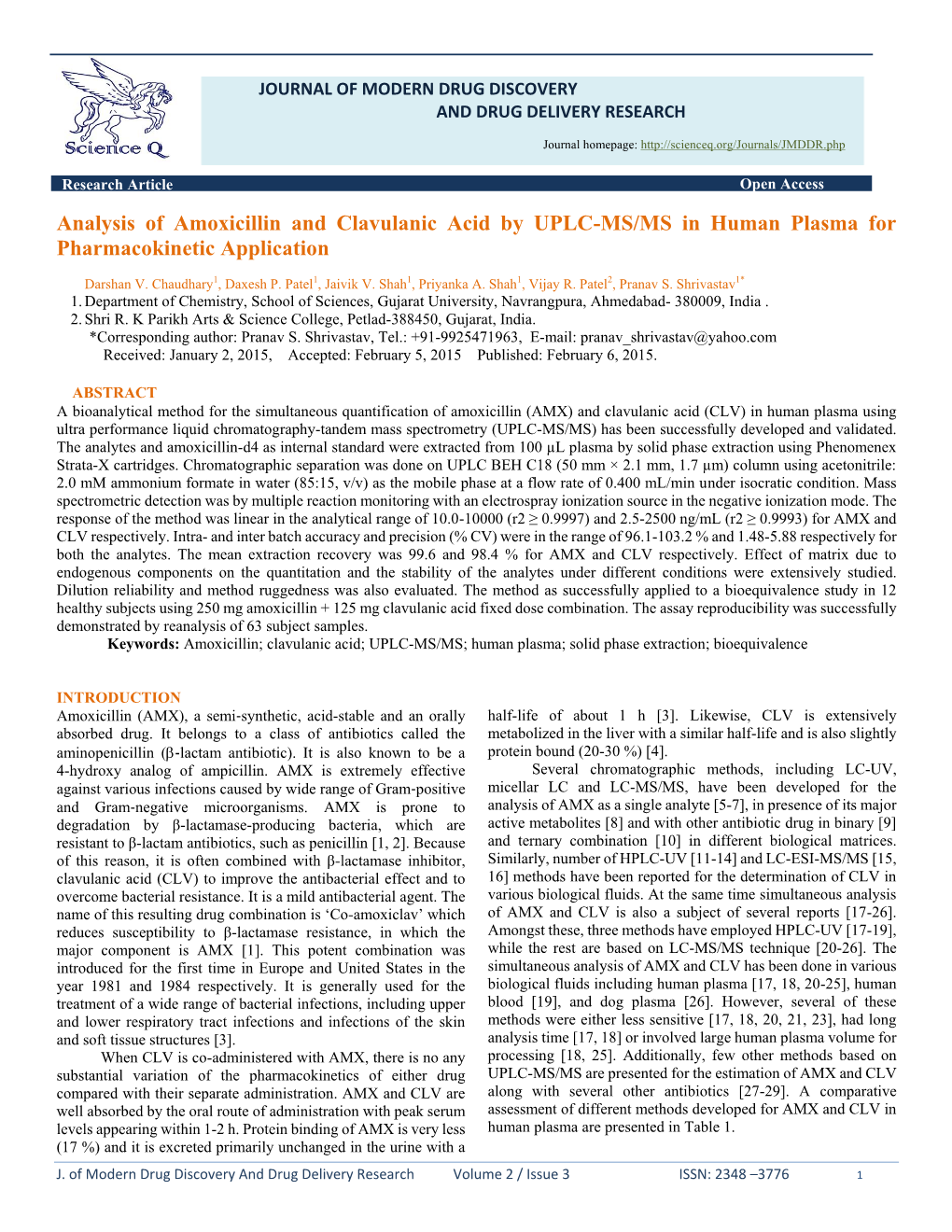 Analysis of Amoxicillin and Clavulanic Acid by UPLC-MS/MS in Human Plasma for Pharmacokinetic Application