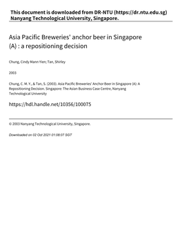 Asia Pacific Breweries' Anchor Beer in Singapore (A) : a Repositioning Decision