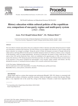 History Education Within Cultural Policies of the Republican Era; Comparison of One-Party Regime and Multi-Party System (1923 -1960)