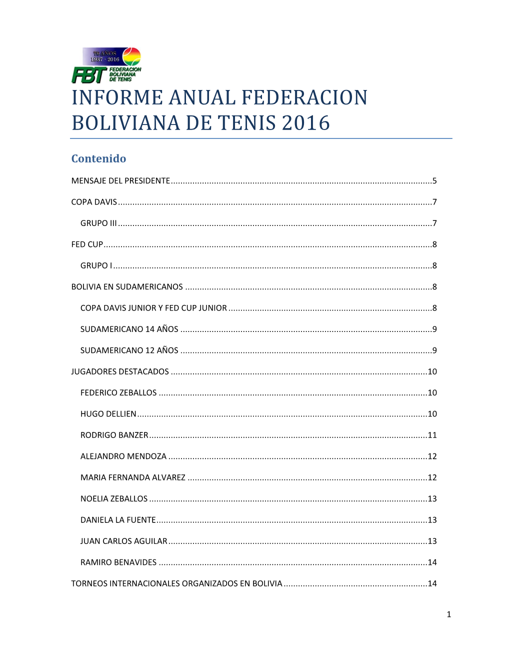 Informe Anual Federacion Boliviana De Tenis 2016