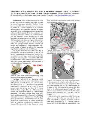 Meteorite Dunite Breccia Mil 03443: a Probable Crustal Cumulate Closely Related to Diogenites from the Hed Parent Asteroid