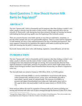 Good Questions 7: How Should Human Milk Banks Be Regulated?*