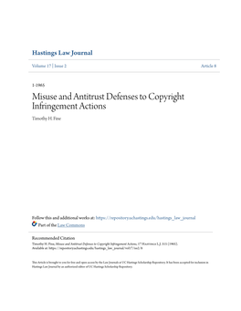 Misuse and Antitrust Defenses to Copyright Infringement Actions Timothy H