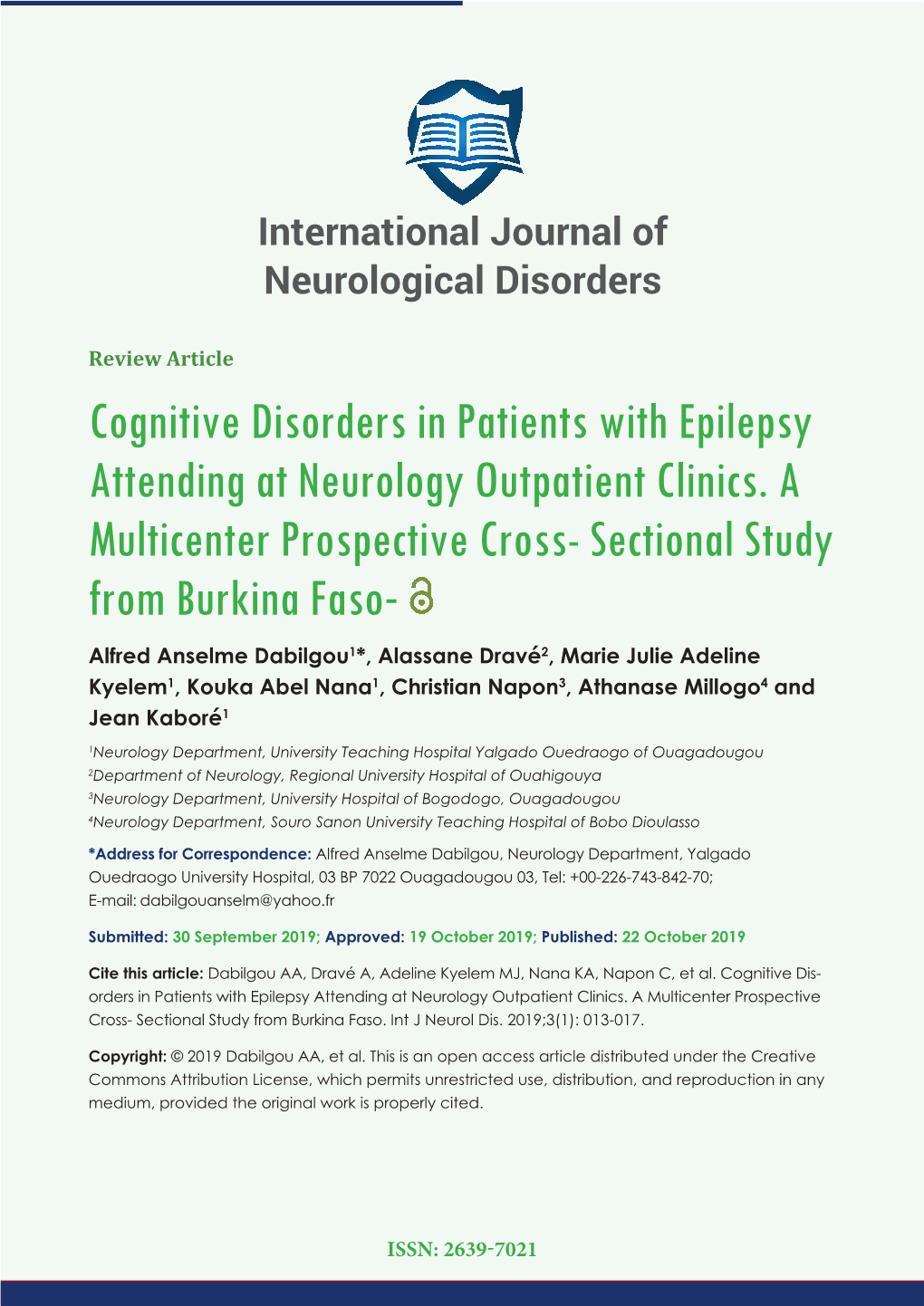Cognitive Disorders in Patients with Epilepsy Attending at Neurology Outpatient Clinics