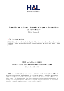 Le Préfet D'alger Et Les Archives De Surveillance