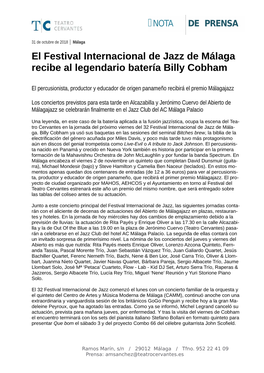 El Festival Internacional De Jazz De Málaga Recibe Al Legendario Batería Billy Cobham