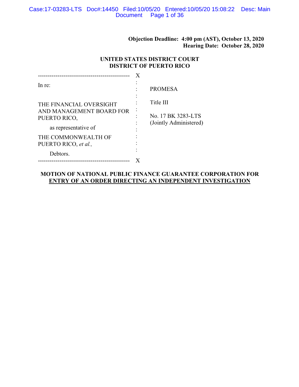 Case:17-03283-LTS Doc#:14450 Filed:10/05/20 Entered:10/05/20 15:08:22 Desc: Main Document Page 1 of 36