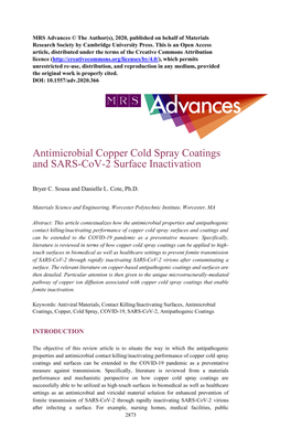 Antimicrobial Copper Cold Spray Coatings and SARS-Cov-2 Surface Inactivation
