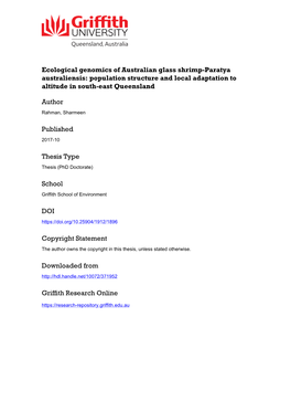 Ecological Genomics of Australian Glass Shrimp-Paratya Australiensis: Population Structure and Local Adaptation to Altitude in South-East Queensland