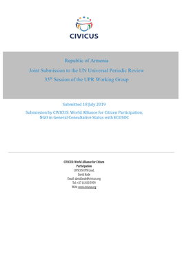 Armenia Joint Submission to the UN Universal Periodic Review 35Th Session of the UPR Working Group