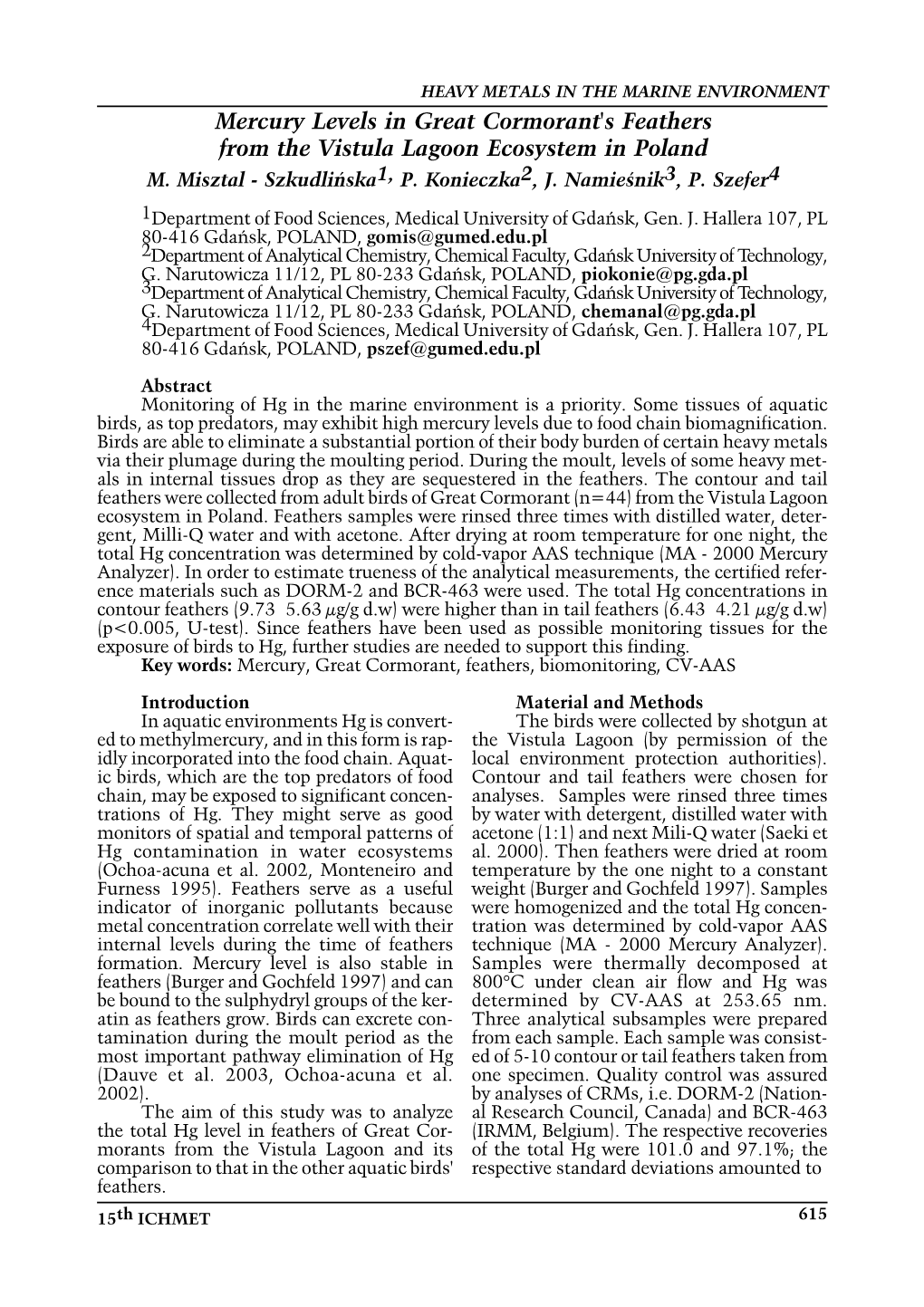 Mercury Levels in Great Cormorant's Feathers from the Vistula Lagoon Ecosystem in Poland M