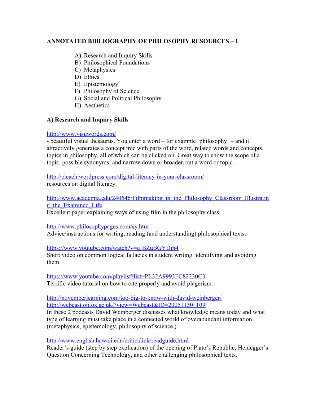 Annotated Bibliography of Philosophy Resources 1