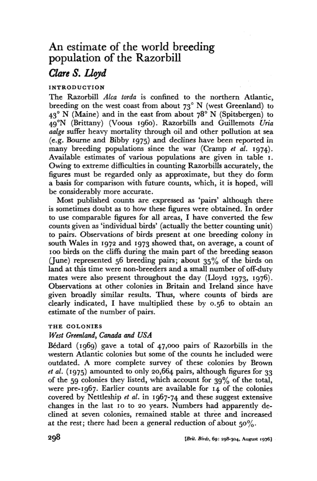 An Estimate of the World Breeding Population of the Razorbill Clare S