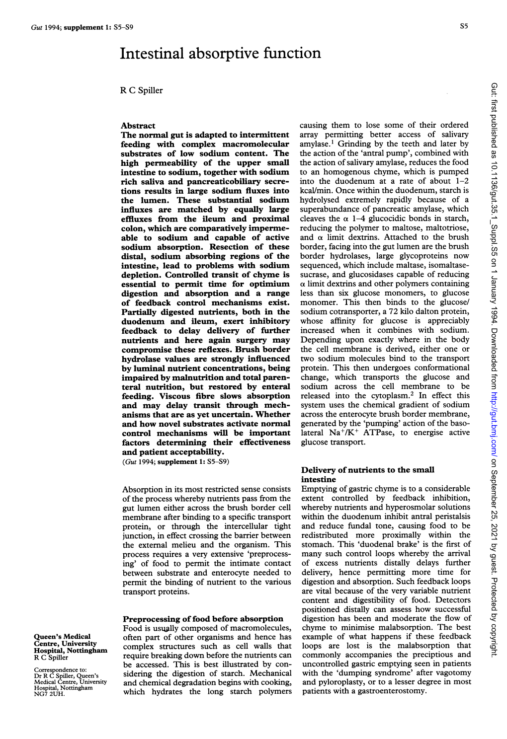 Intestinal Absorptive Function Gut: First Published As 10.1136/Gut.35.1 Suppl.S5 on 1 January 1994