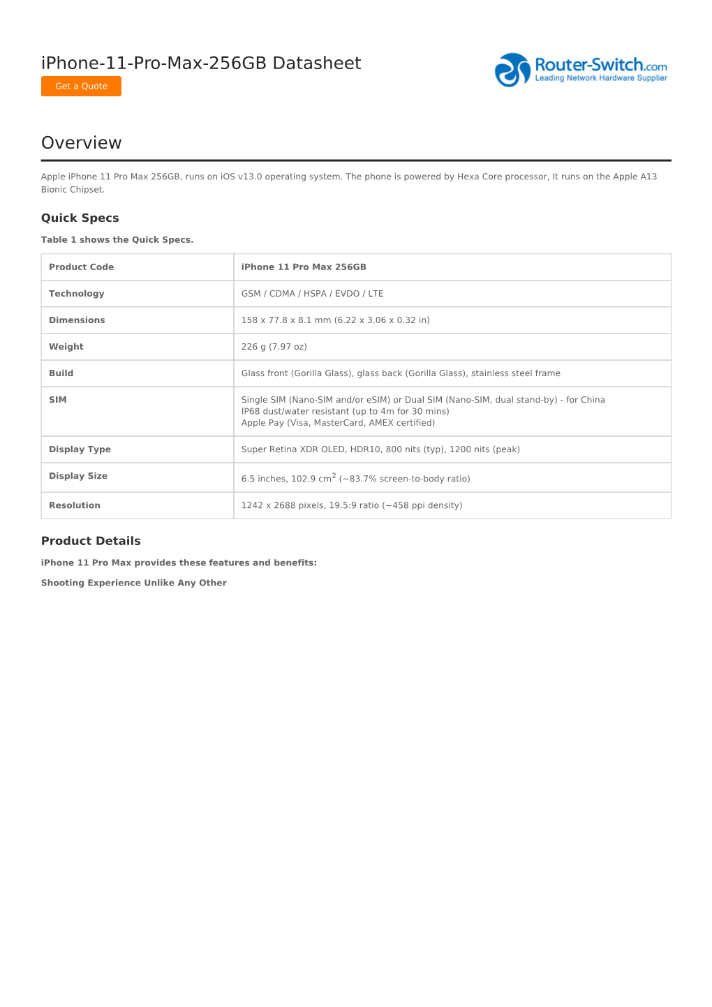 Iphone-11-Pro-Max-256GB Datasheet Overview