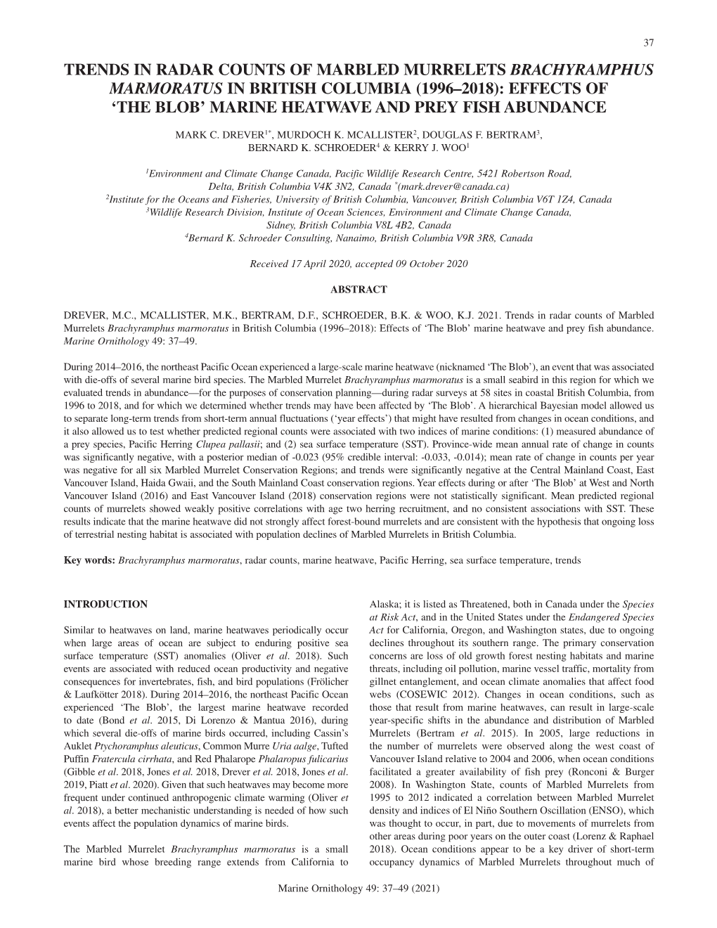 Trends in Radar Counts of Marbled Murrelets Brachyramphus Marmoratus in British Columbia (1996–2018): Effects of ‘The Blob’ Marine Heatwave and Prey Fish Abundance