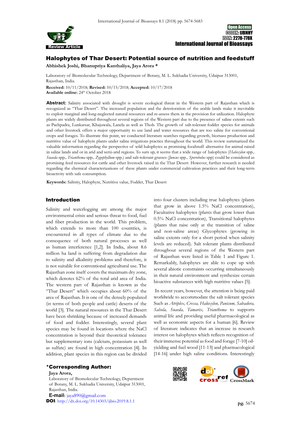 Halophytes of Thar Desert: Potential Source of Nutrition and Feedstuff Abhishek Joshi, Bhanupriya Kanthaliya, Jaya Arora *