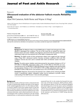 Ultrasound Evaluation of the Abductor Hallucis Muscle: Reliability Study Alyse FM Cameron, Keith Rome and Wayne a Hing*