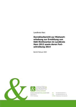 Korrekturbericht Zur Mietwert- Erhebung Zur Ermittlung Von Kdu-Richtwerten Im Landkreis Harz 2012 Sowie Deren Fort- Schreibung 2014