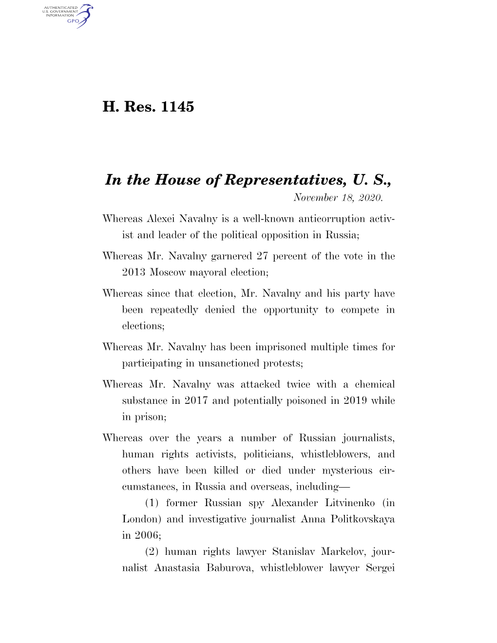 H. Res. 1145 in the House of Representatives, U