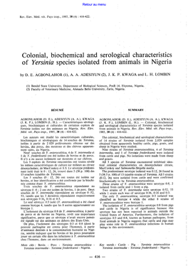 Colonial, Biochemical and Serological Characteristics of Yersinia Species Isolated from Animals in Nigeria