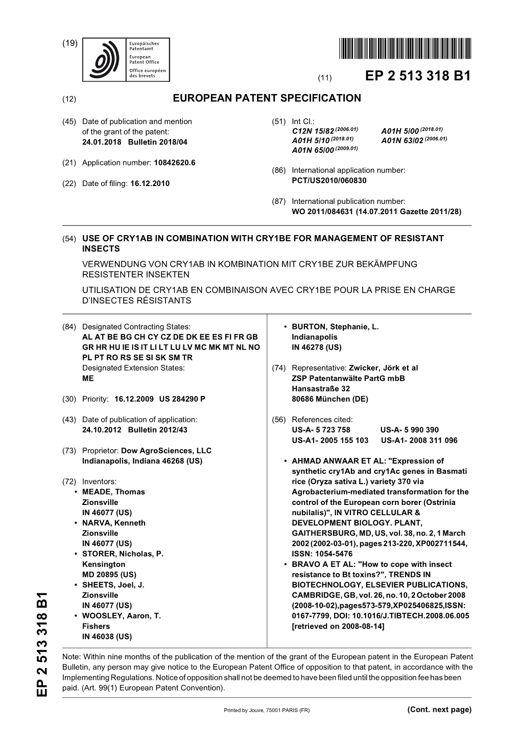 Use of Cry1ab in Combination with Cry1be For