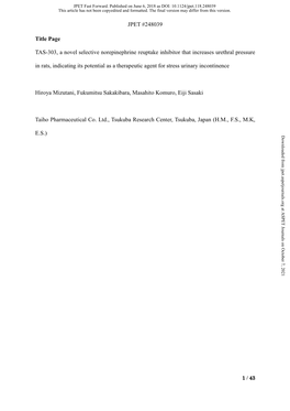 TAS-303, a Novel Selective Norepinephrine Reuptake Inhibitor