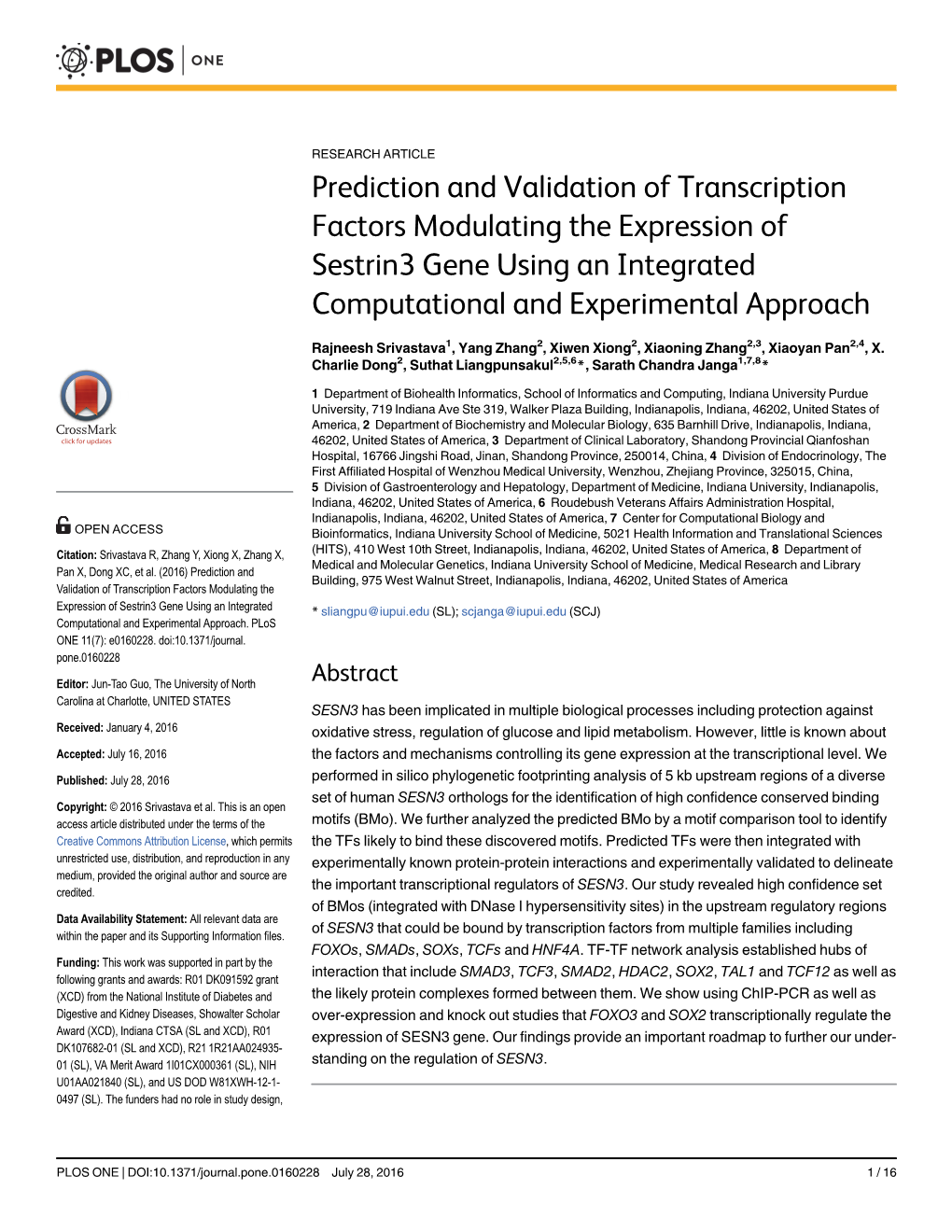 Prediction and Validation of Transcription Factors Modulating the Expression of Sestrin3 Gene Using an Integrated Computational and Experimental Approach