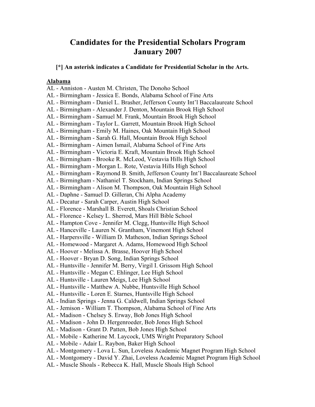 2007 Candidates for the Presidential Scholars Program