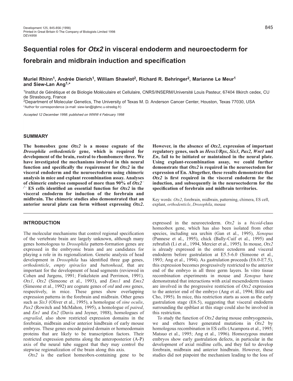 Sequential Roles for Otx2 in Visceral Endoderm and Neuroectoderm for Forebrain and Midbrain Induction and Speciﬁcation