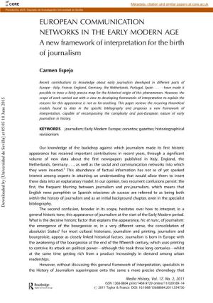 EUROPEAN COMMUNICATION NETWORKS in the EARLY MODERN AGE a New Framework of Interpretation for the Birth of Journalism