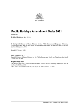 Public Holidays Amendment Order 2021 Under the Public Holidays Act 2010