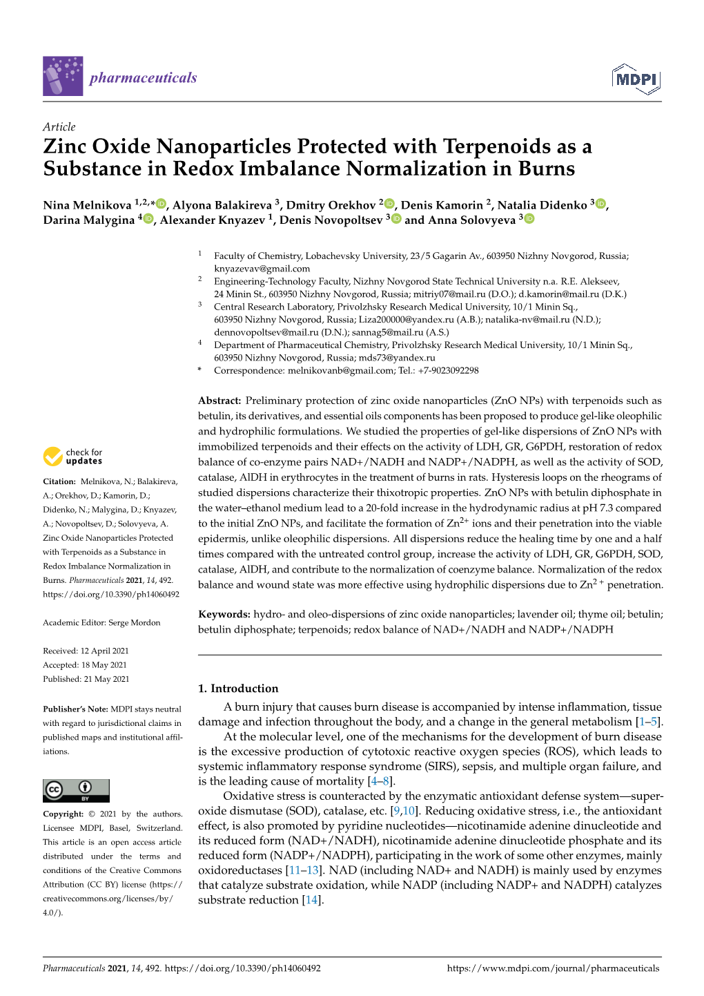 Zinc Oxide Nanoparticles Protected with Terpenoids As a Substance in Redox Imbalance Normalization in Burns