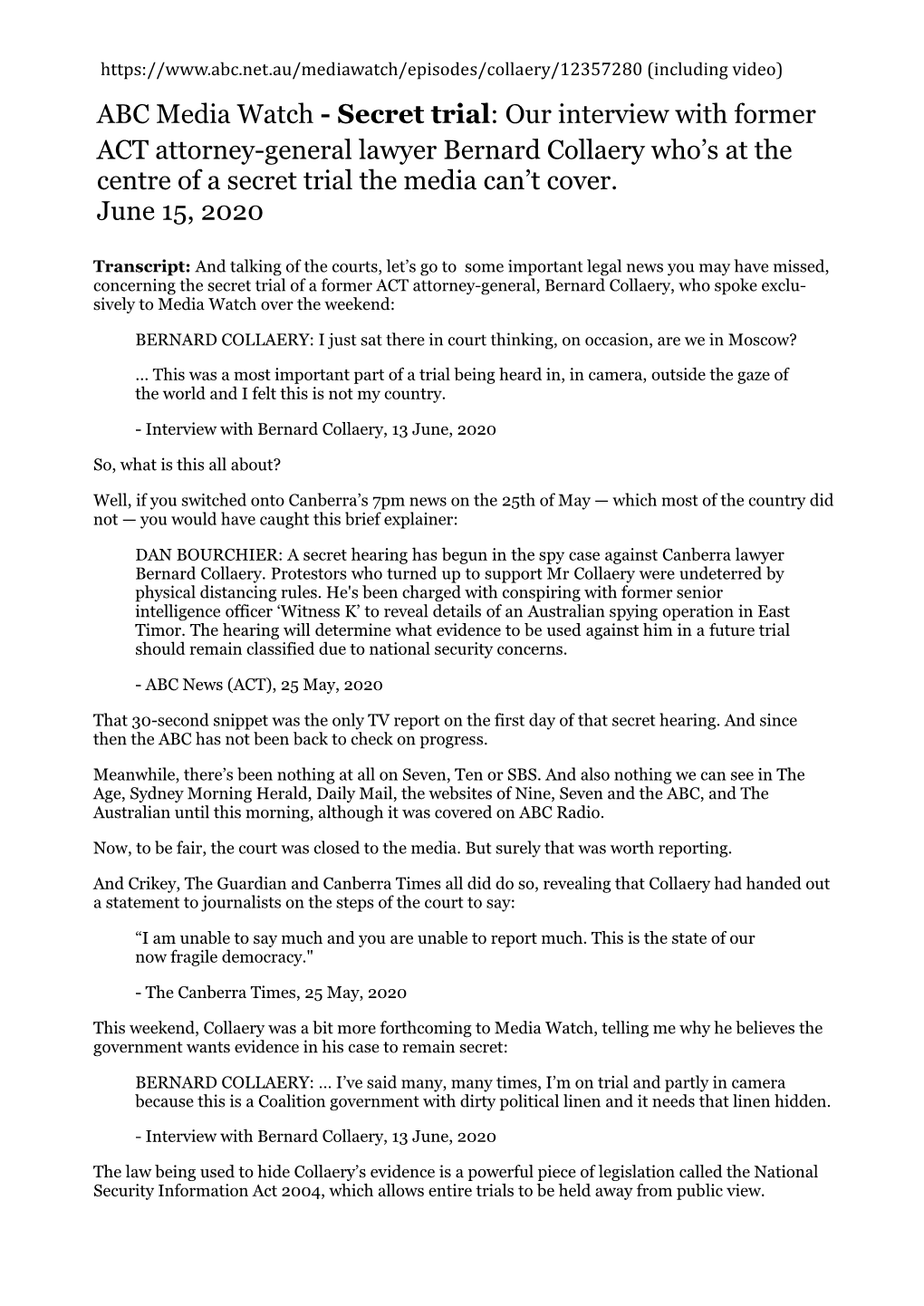 Secret Trial: Our Interview with Former ACT Attorney-General Lawyer Bernard Collaery Who’S at the Centre of a Secret Trial the Media Can’T Cover